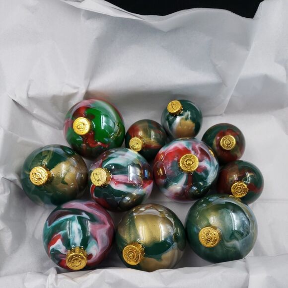 Vintage Glass Ball Christmas Ornament Lot of 11 Swirl Red Green Gold Iridescent - Picture 9 of 16